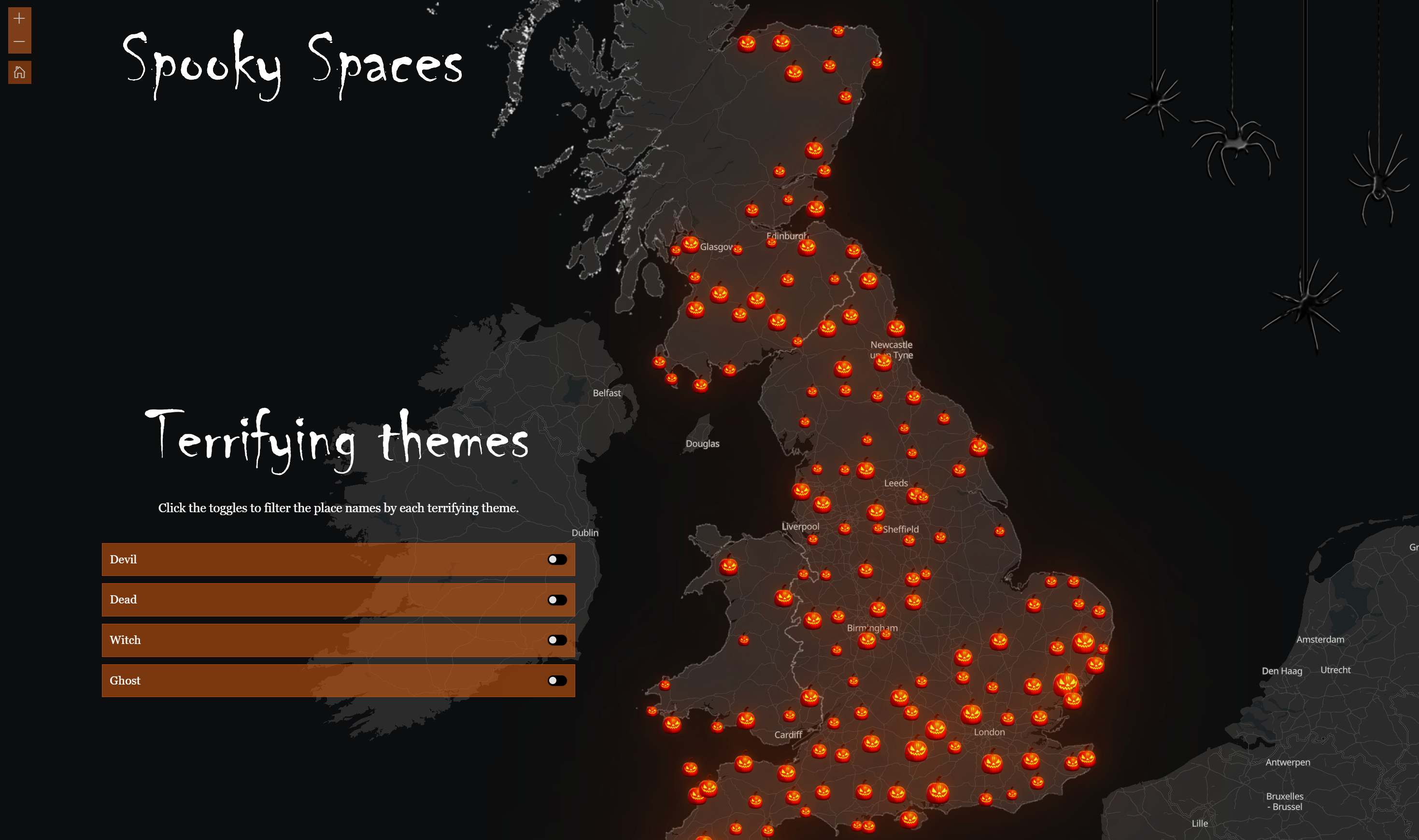 Spooky spaces experience builder with a map of England, scotland and wales with glowing pumpkin points dotted around the landscape. 