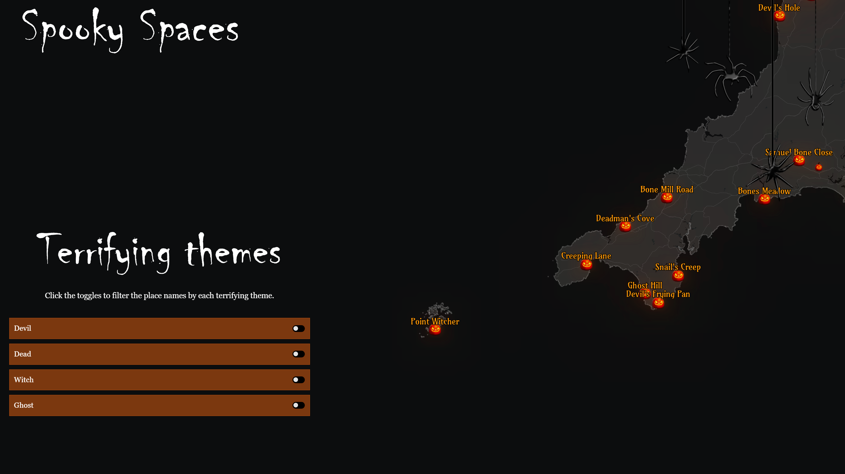 Web experience in ArcGIS Experience Builder. A dark basemap with glowing pumpkins for points, titled "spooky spaces" in white dripping font. 
