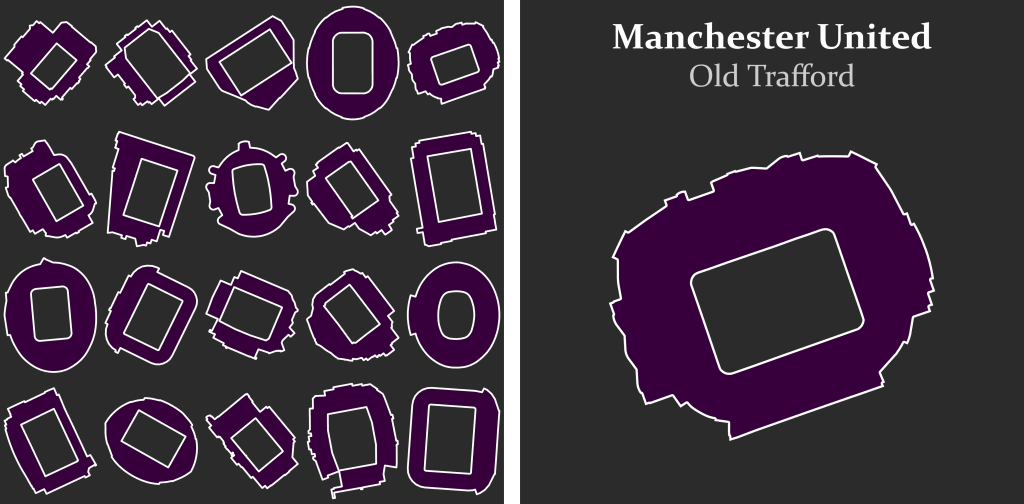 Outlines of stadiums across UK displayed on a card