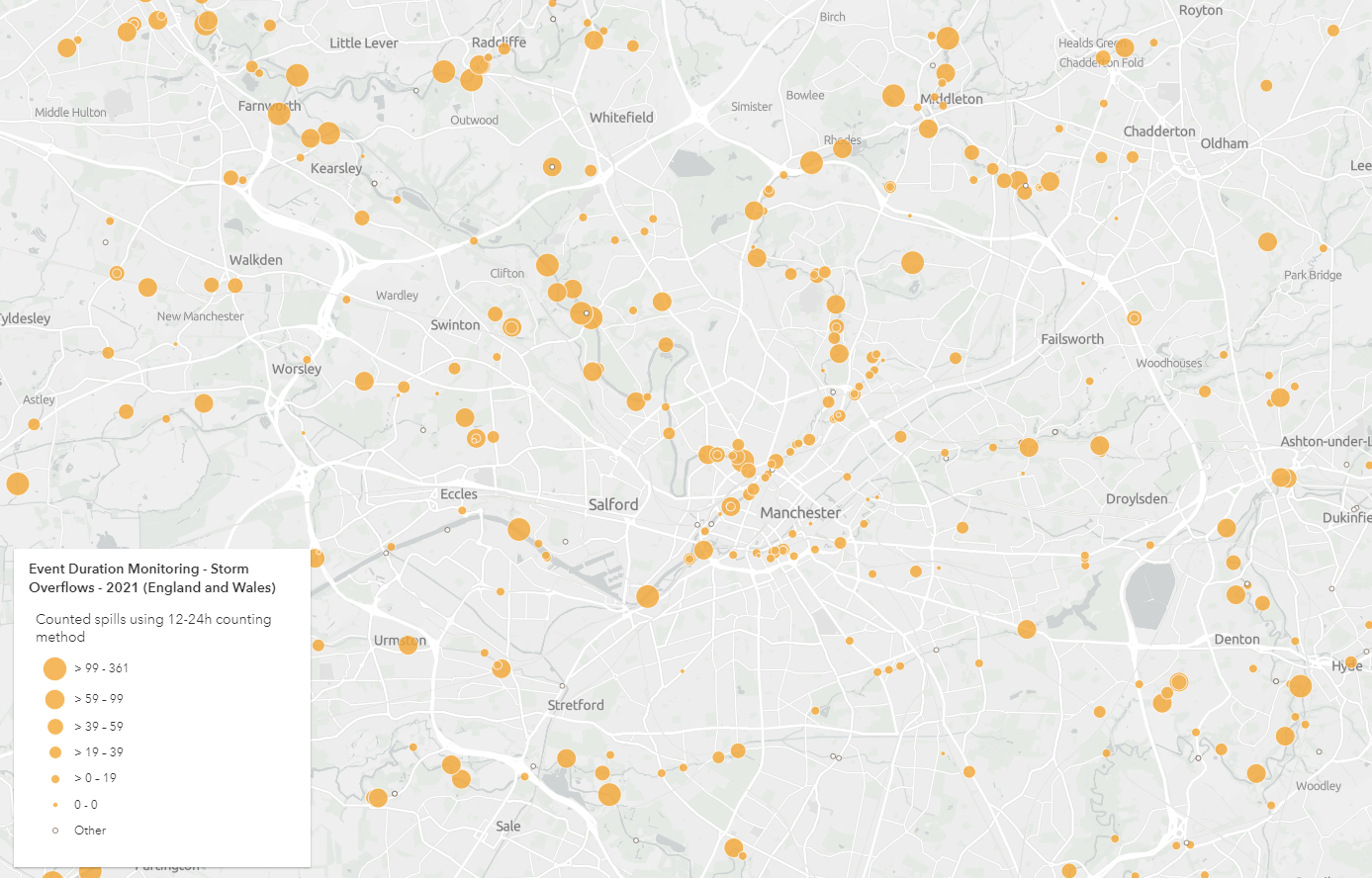 Storm Overflows for 2021 around Manchester from The Rivers Trust.