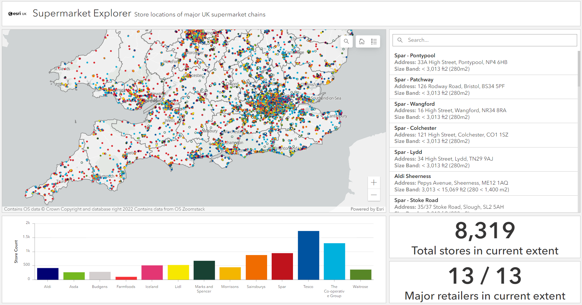 The default display of the application created with ArcGIS Dashboards