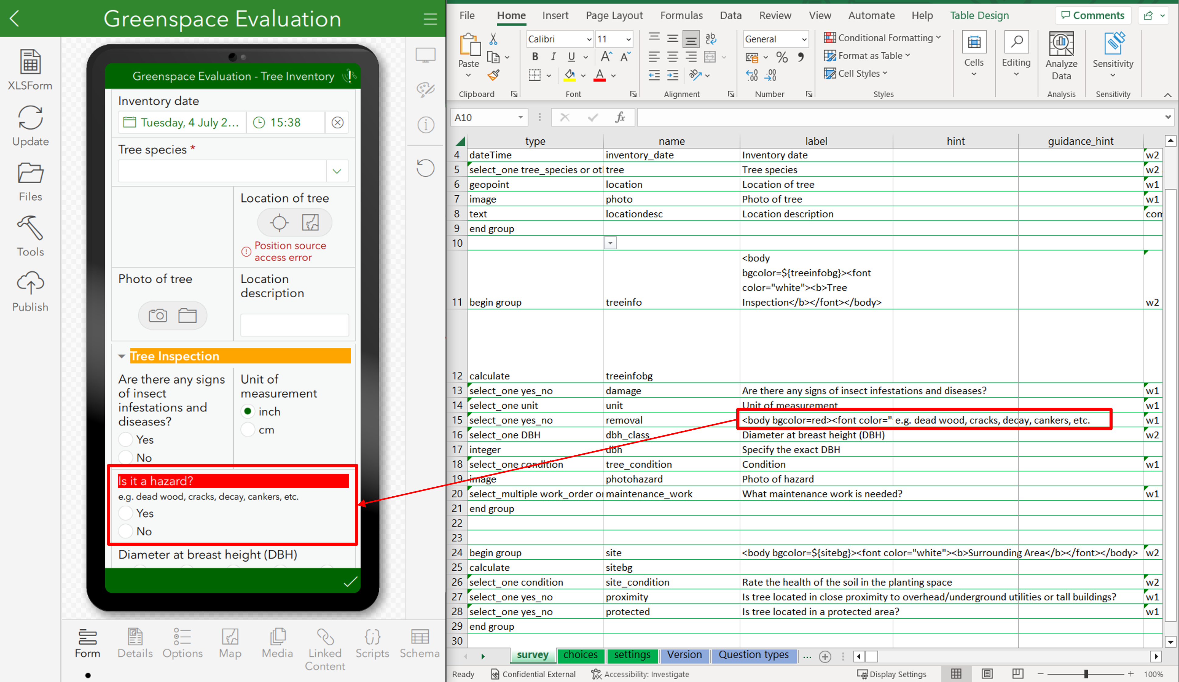 Survey123 Connect mobile interface layout, with a screenshot of the XLS text needed to configure HTML based colouring