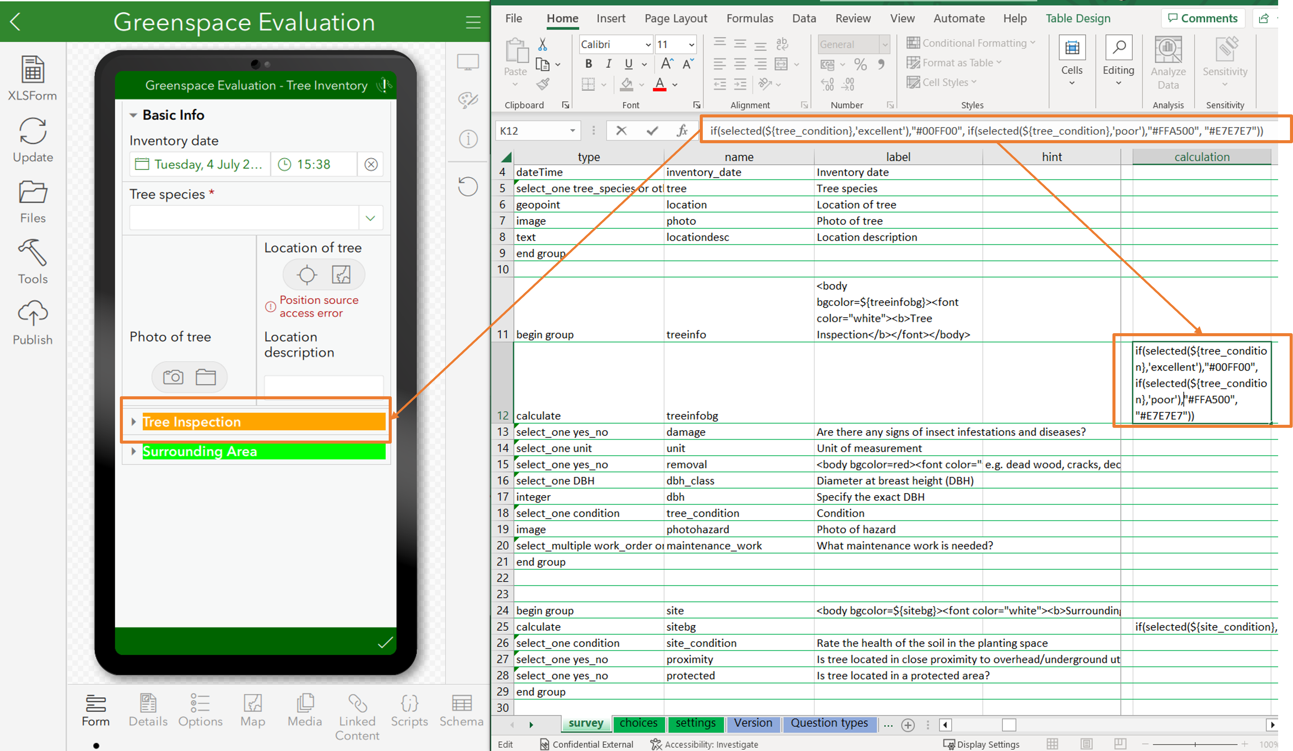 XLS form and needed text for configuring dynamic colour in Survey123 Connect