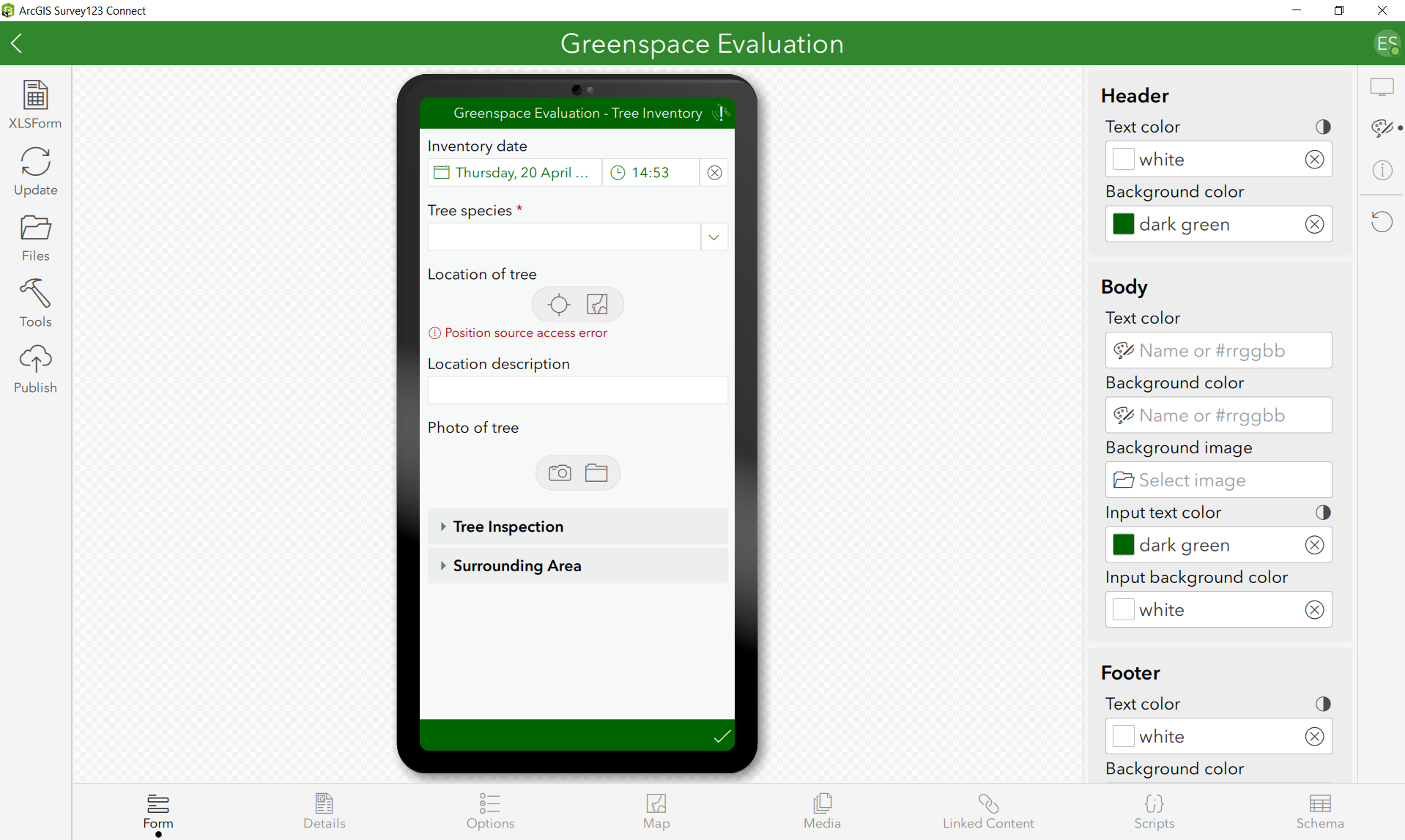 Interface display for Survey123 Connect, mobile view. Appearance tab open with customisation options on the right hand side.