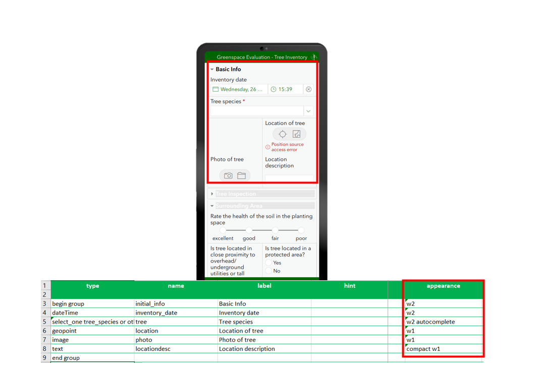 How a fixed grid looks in Survey123 Connect, and it's XLS view