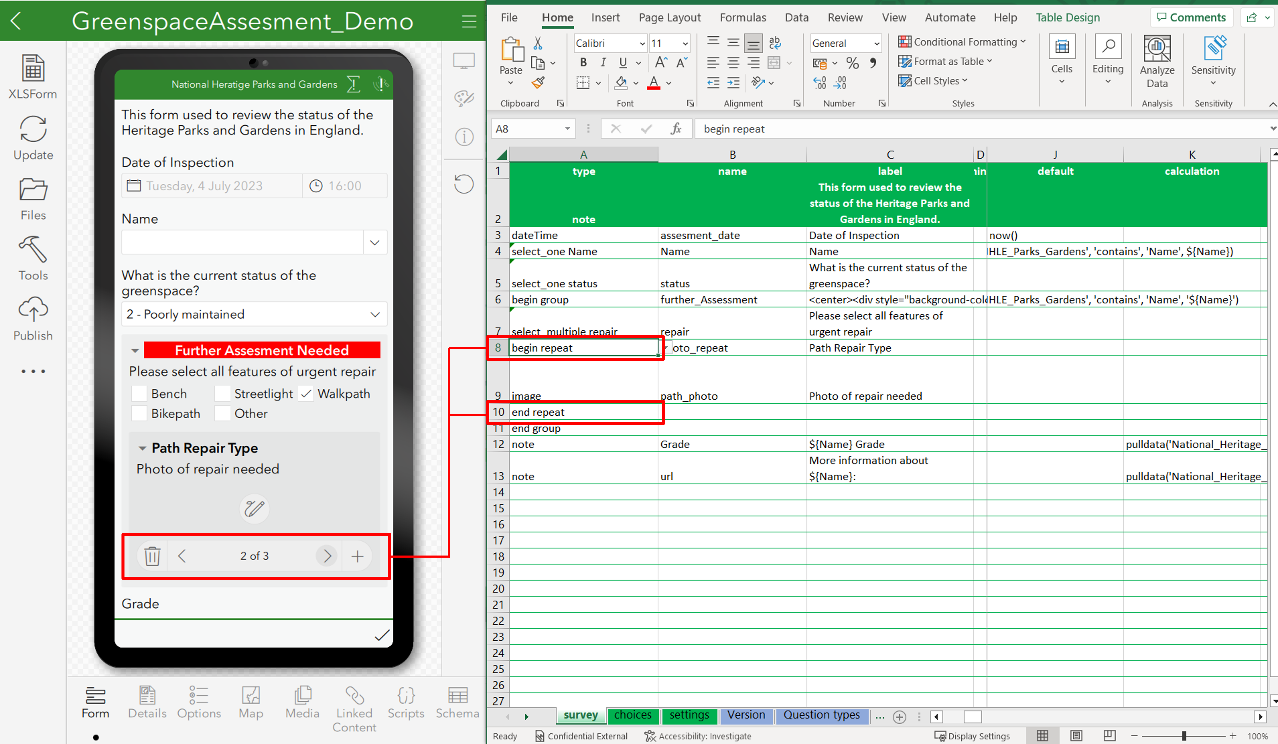 XLS view for configuring repeats in Survey123 Connect