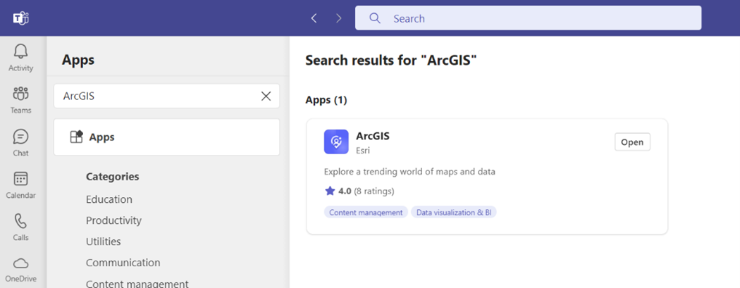 Teams apps search results for ArcGIS. 