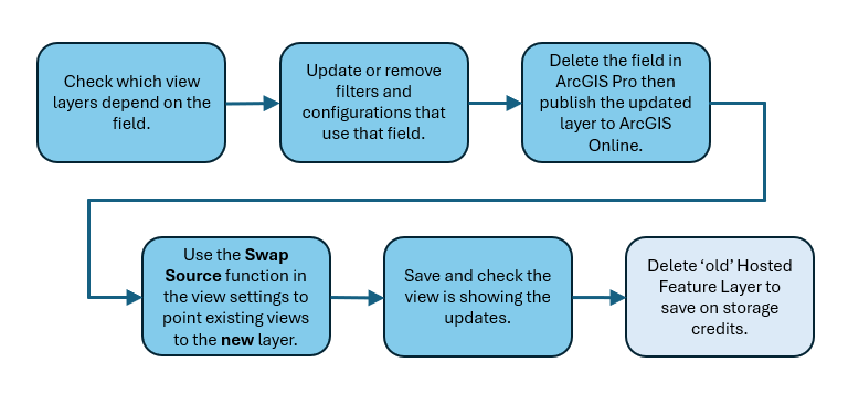 Suggested workflow to change the schema of the underlying layer without breaking your view layers. First, check which views depend on the field and update or remove filters and configurations that use it. Then, publish a new updated layer with the correct schema. Use the Swap Source function to point existing views to the new layer. Once everything is verified delete the old source layer.