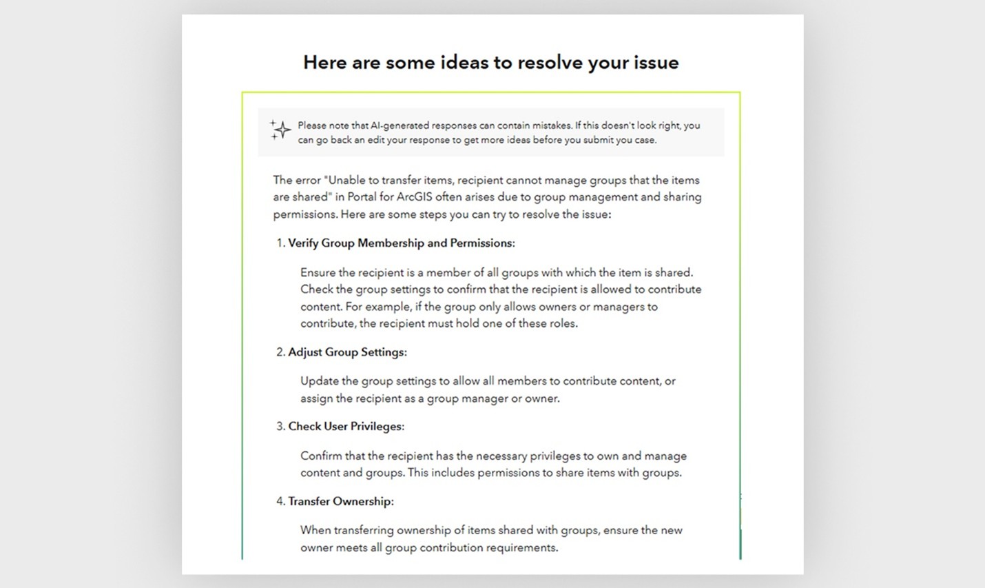 Screenshot of the type of response the Technical Support AI help provides.