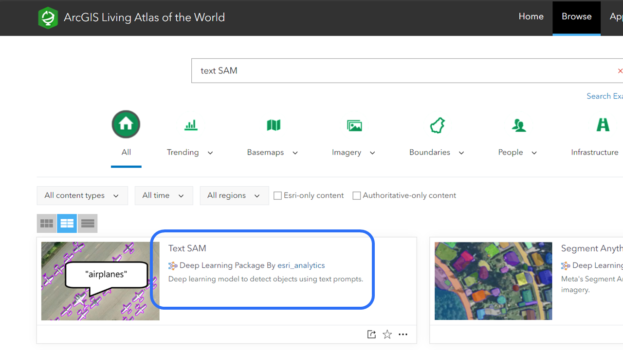 Screenshot of Text SAM model located in the ArcGIS Living Atlas