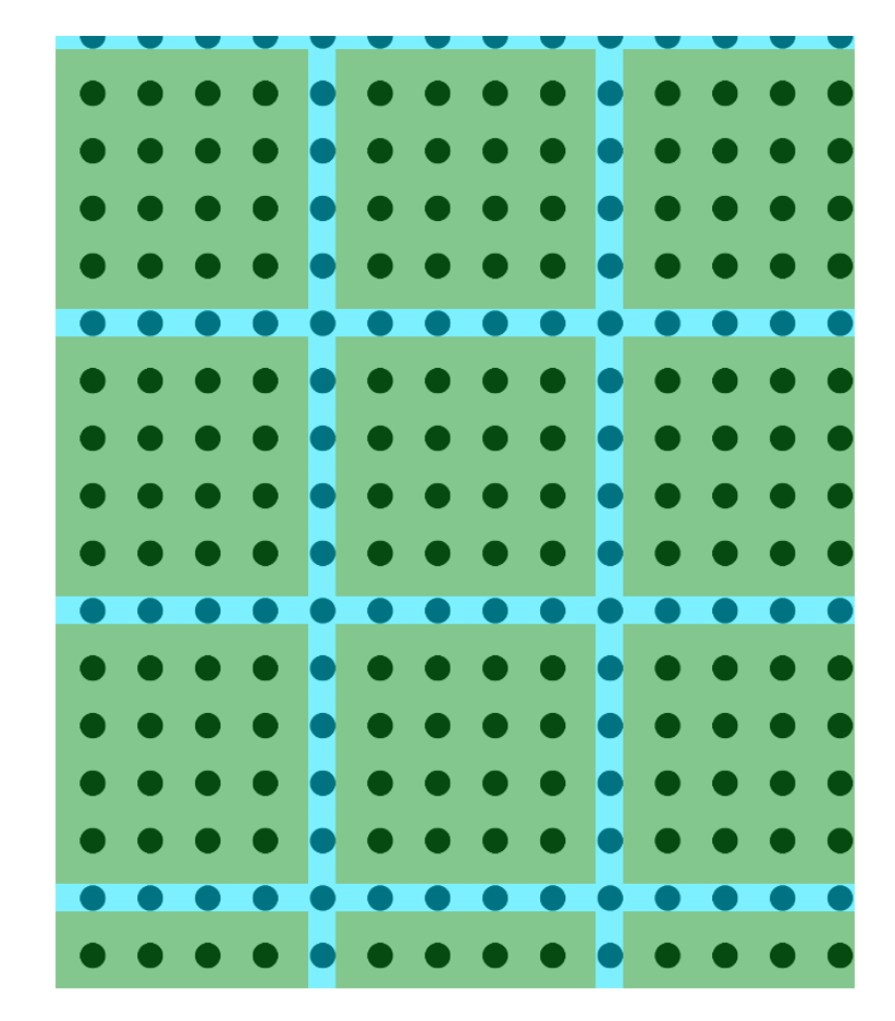 A repeating pattern of the square with polka dots with green and blue sections. 