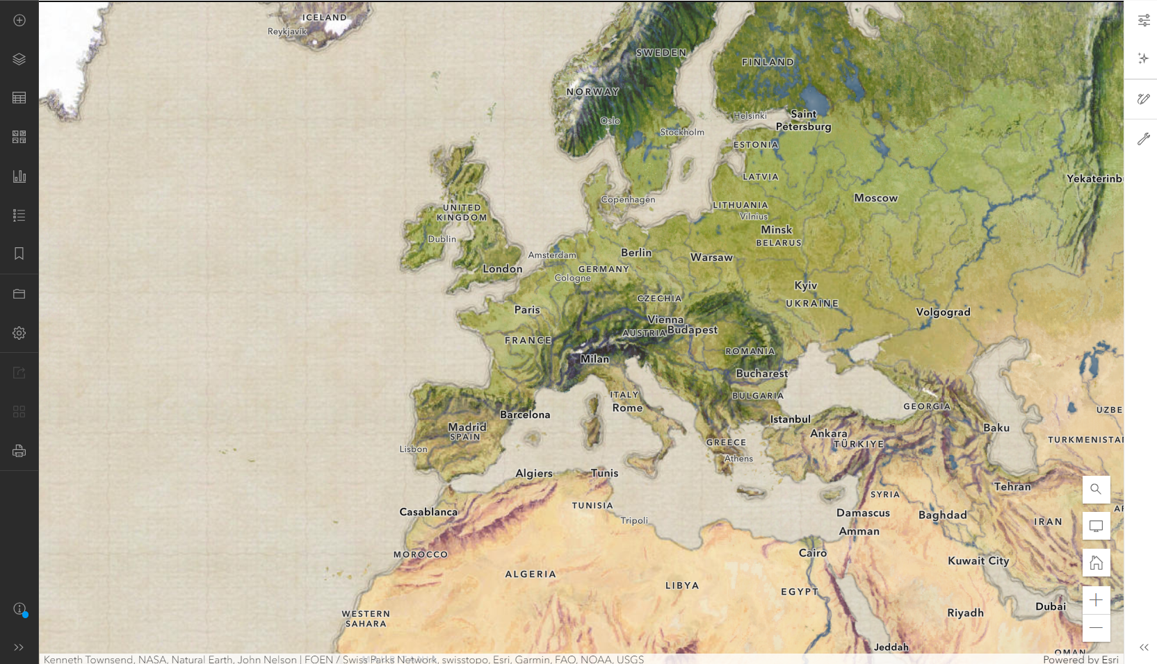 A vintage-style terrain map of Western Europe.