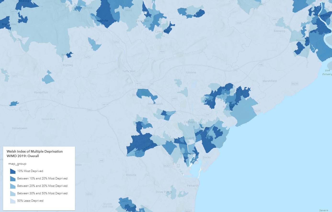 Overall WIMD for 2019 in Cardiff using Welsh Government data.