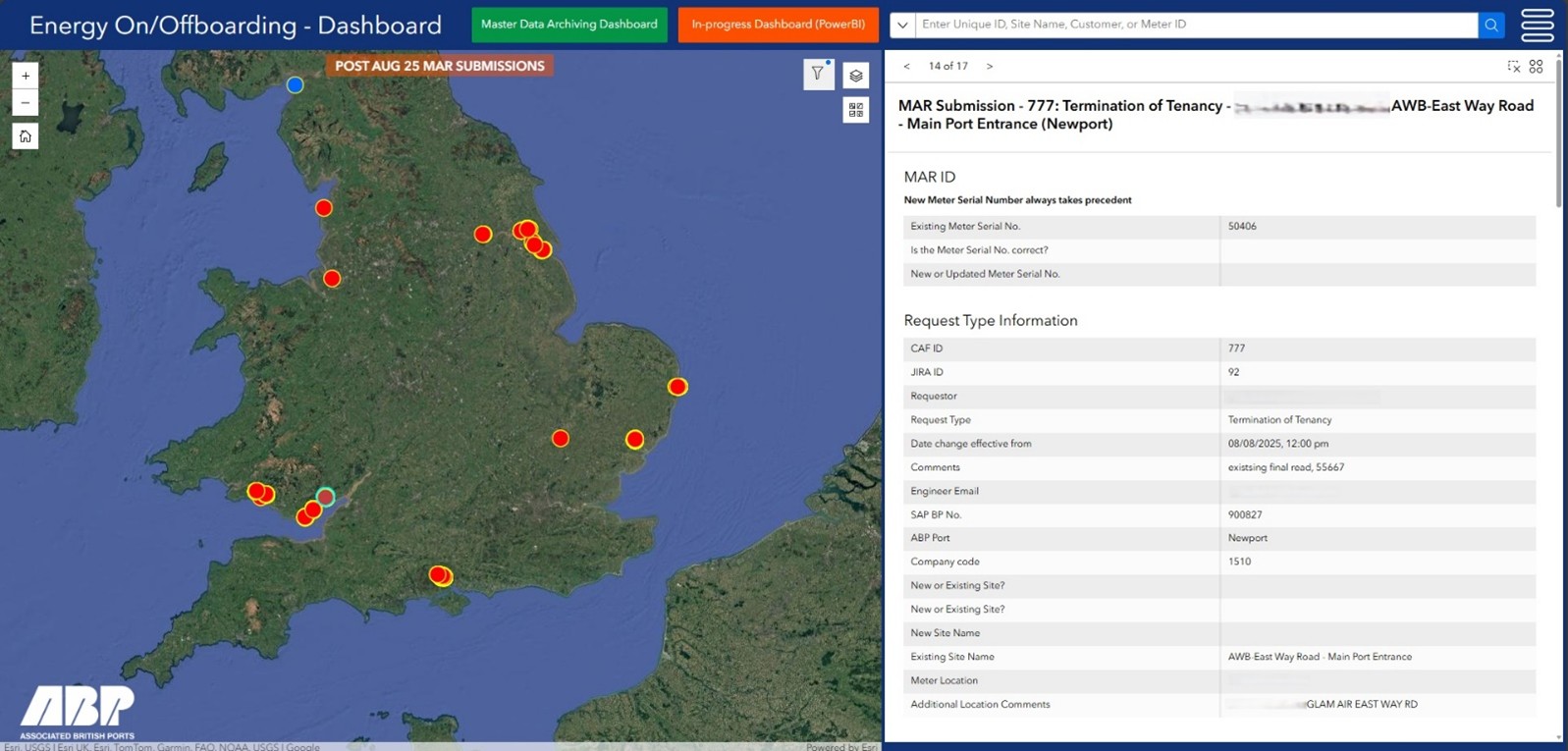 A dashboard with a satellite view map centred on England and Wales showing the locations of post Aug 25 MAR Submissions, and example details from a selected submission.