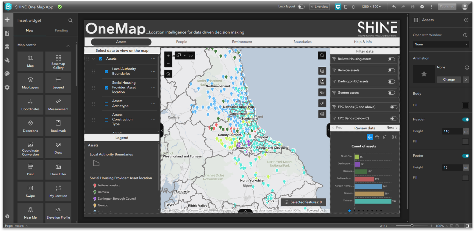 Screenshot of the SHINE One App being built with ArcGIS Experience Builder