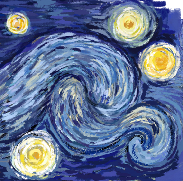 A painting of the The Starry Night swirls with yellow stars surrounding the swirl.