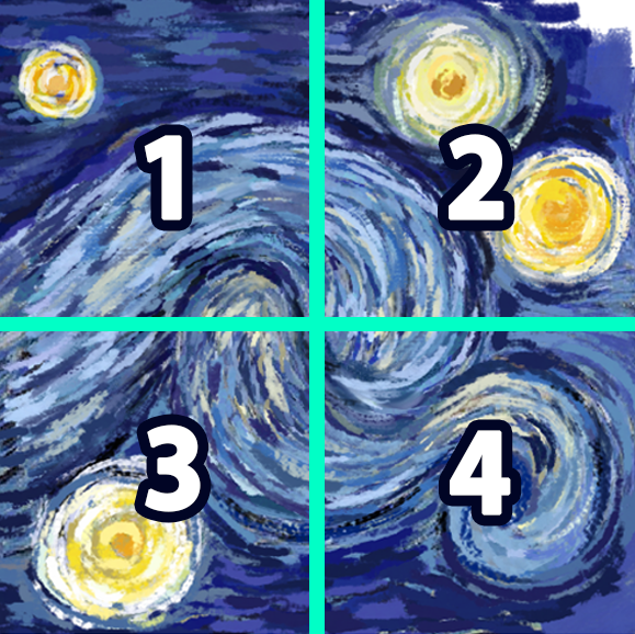 A painting of the The Starry Night swirls with yellow stars surrounding the swirl. The painting has been dissected into four corners. Top left is labelled 1. Top right is labelled 2. Bottom left is labelled 3. Bottom right is labelled 4. 