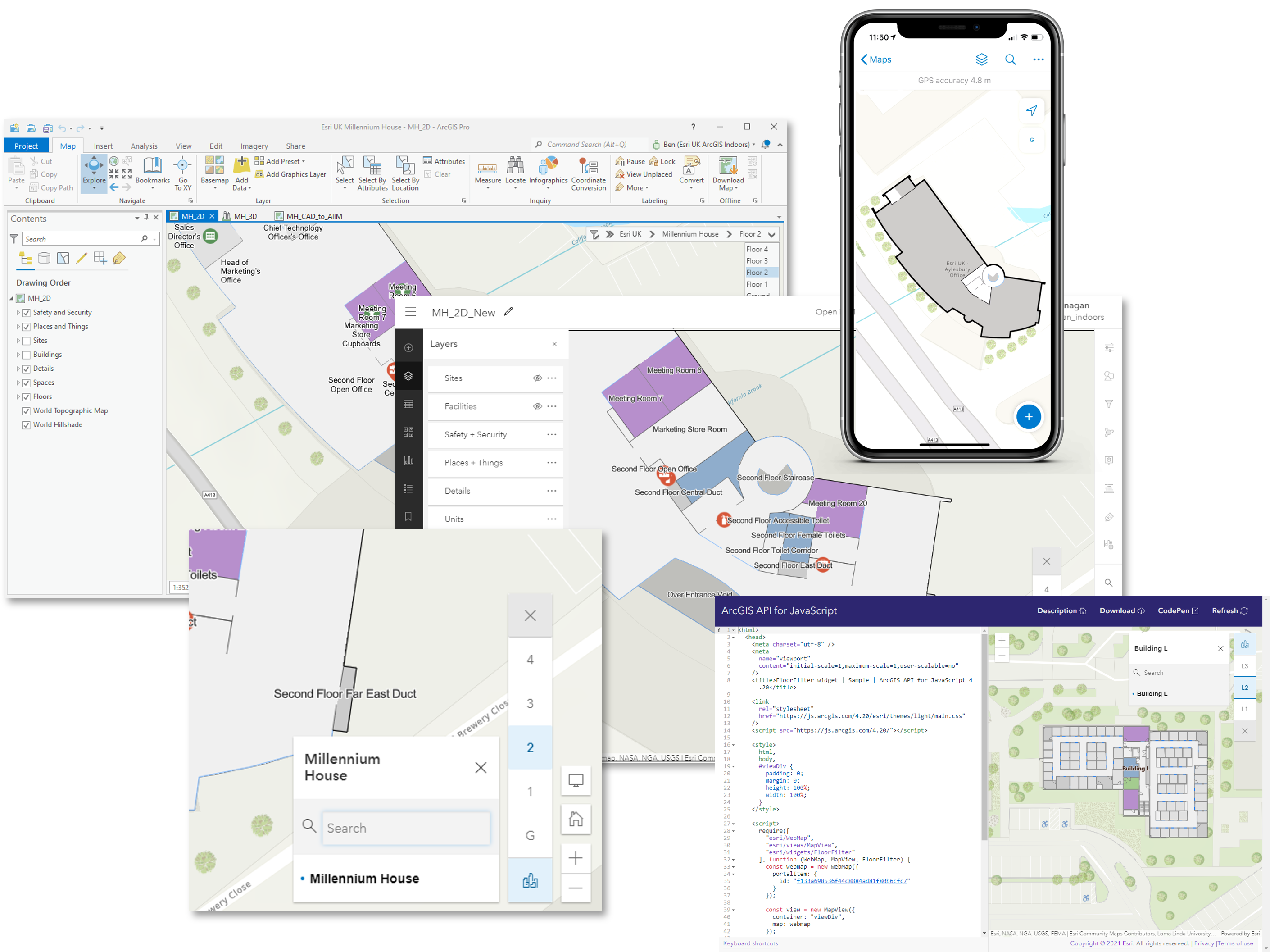 ArcGIS Indoor Information Model shown on the web and mobile app.