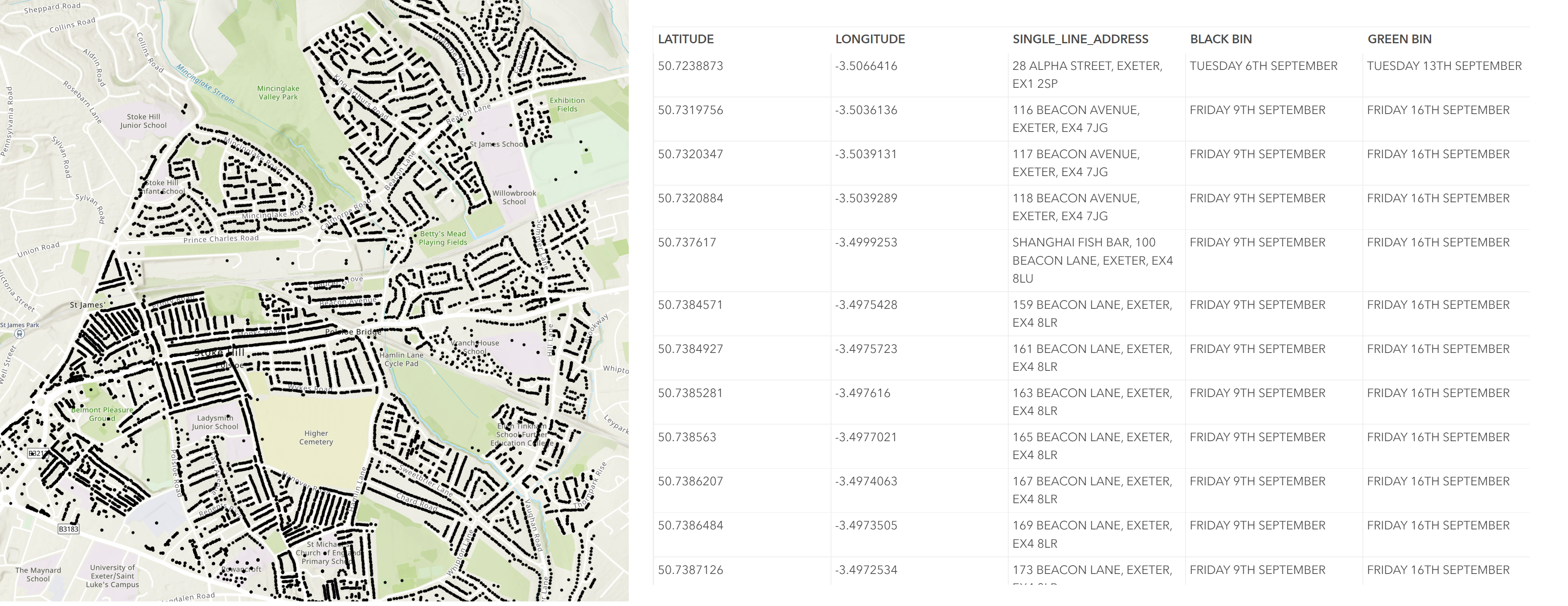 Screenshot of address point locations within a map and the corresponding attribute table 
