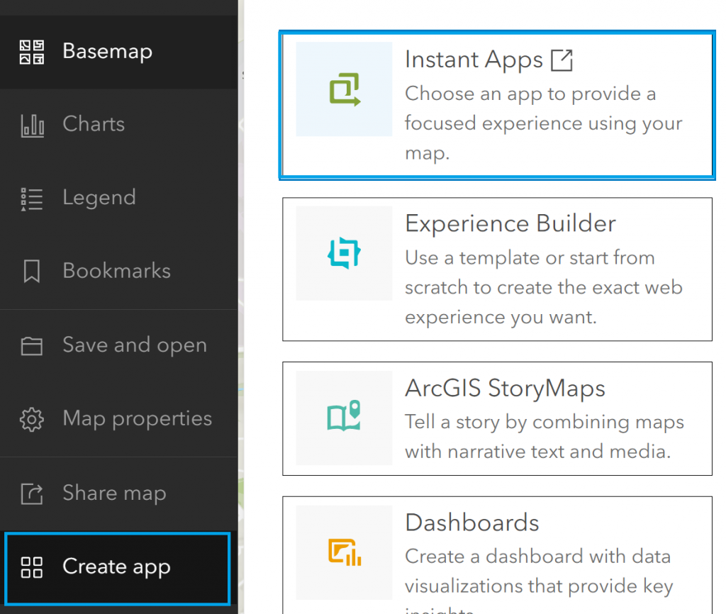 A screenshot showing how to import your map into ArcGIS Instant Apps under the 'Create app' tab