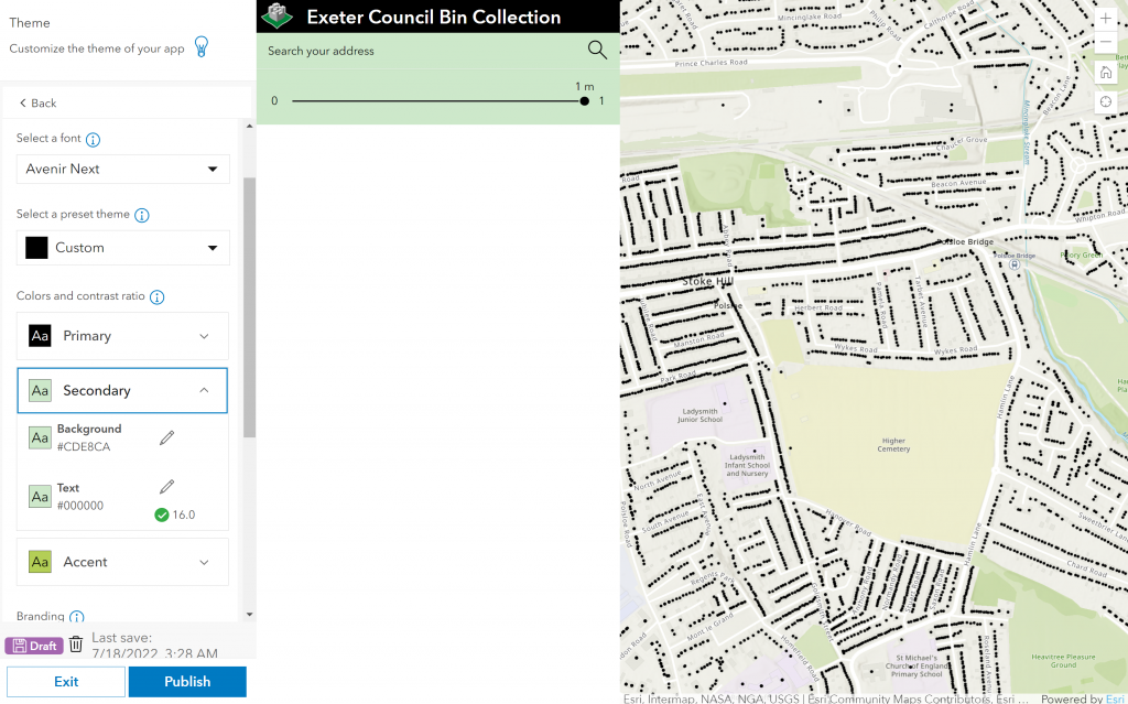 A screenshot showing the theme customisation of the web app within ArcGIS Instant Apps