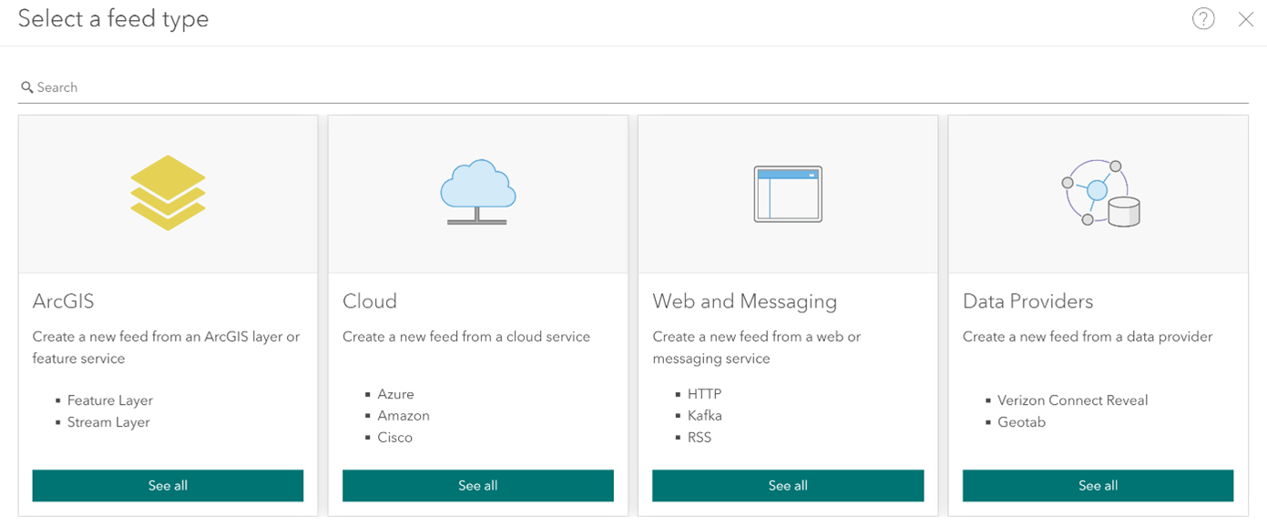 Image of the different feed types in ArcGIS Velocity. Includes the following categories: ArcGIS, Cloud, Web and Messaging and Data Providers