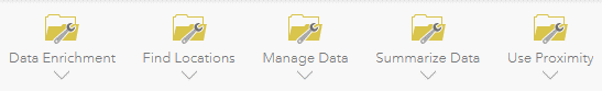 Tool categories available in ArcGIS Velocity. Includes Data Enrichment, Find Locations, Manage Data, Summarize Data, Use Proximity.