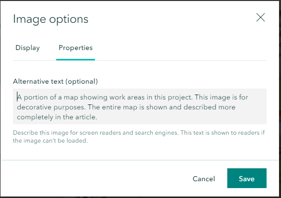 Adding alternative text in the Image options dialog in ArcGIS Storymaps