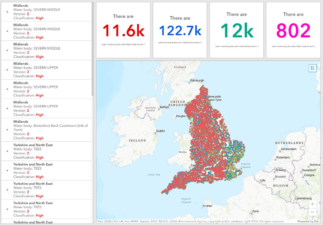 A dashboard made in ArcGIS Dashboards on the health status of UK water bodies
