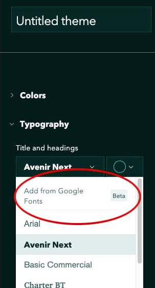 red circle around 'Google Font's' drop down 