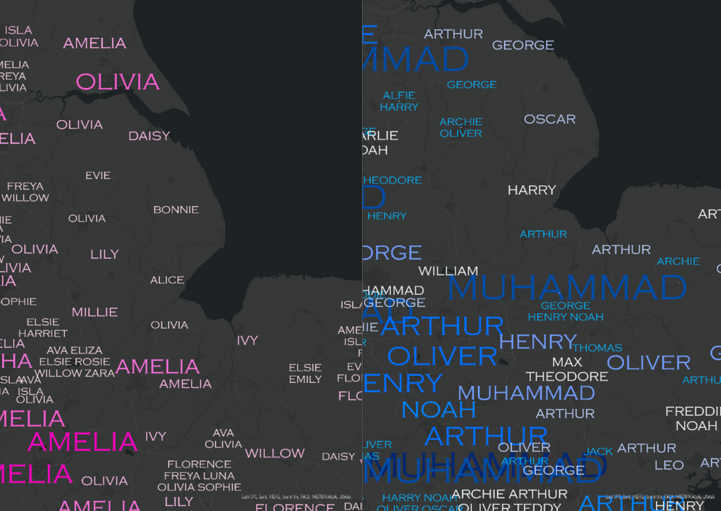 two zoomed in maps of most popular baby names, using colours pink and blue to represent gender