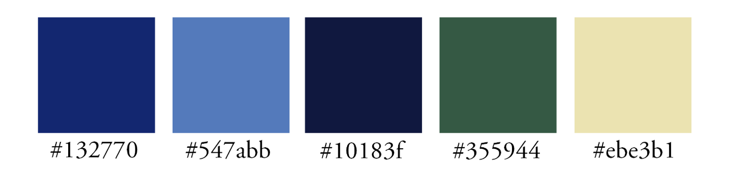Image of 5 colour swatches that have been picked from The Starry Night painting. Each colour's hex code is displayed under their respective colour. 