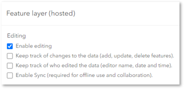 Interface for how to enable editing on a hosted feature layer in ArcGIS online
