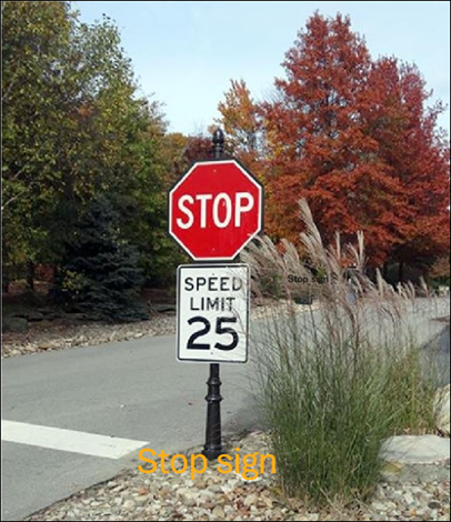 Example of a photo of road sign that has been classified using deep learning, in this case being identified as a stop sign.