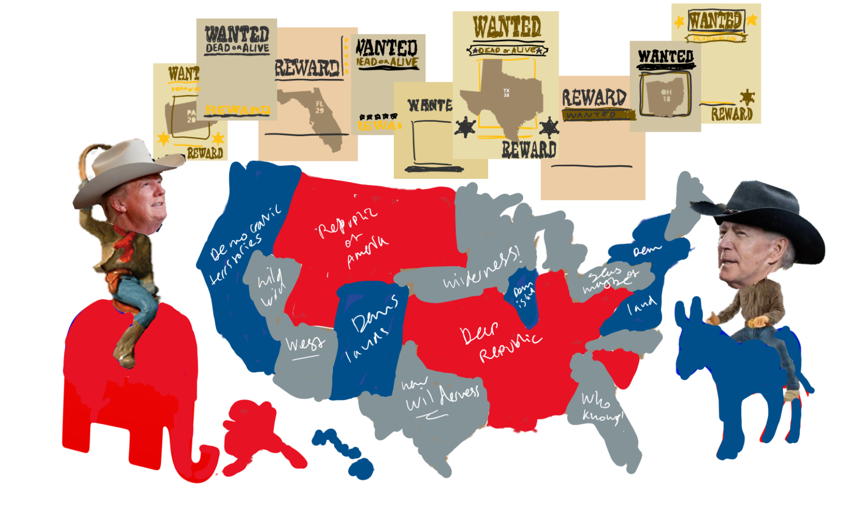 Sketch of Trump and Biden as cowboys in front of an election map with wanted posters