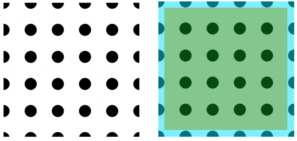 Image on the left: Square filled with a polka dot pattern. The polka dots around the edges of the square are semi circles, while the polka dots on the corners of the square appear as quarter circles. Image on the right: The same image on the left but the outer edges of the square are coloured light blue while the inner section of the square is coloured green. 