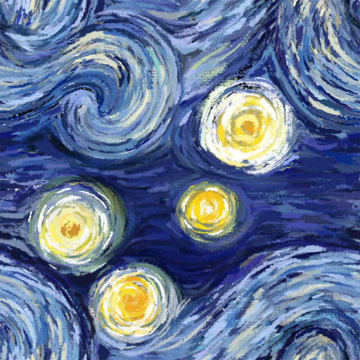 A seamless Starry Night pattern, with the swirls surrounding the edges of the square and the centre of the square holds four suns. The painting is painted in a similar style to Van Gogh's art. 