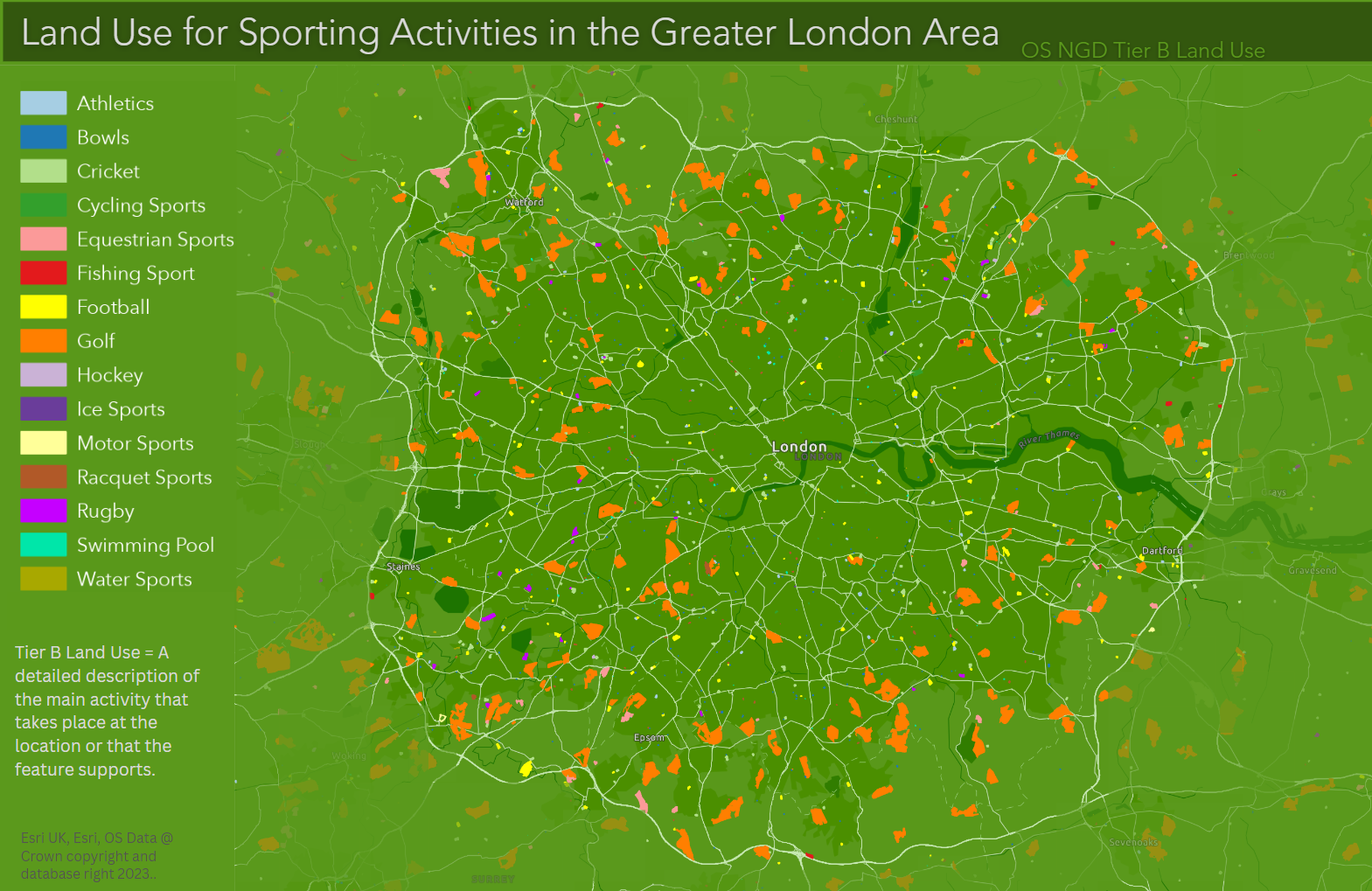 Fig 2: OS NGD Tier B Land Use for Sporting Activities in the Greater London Area.  
